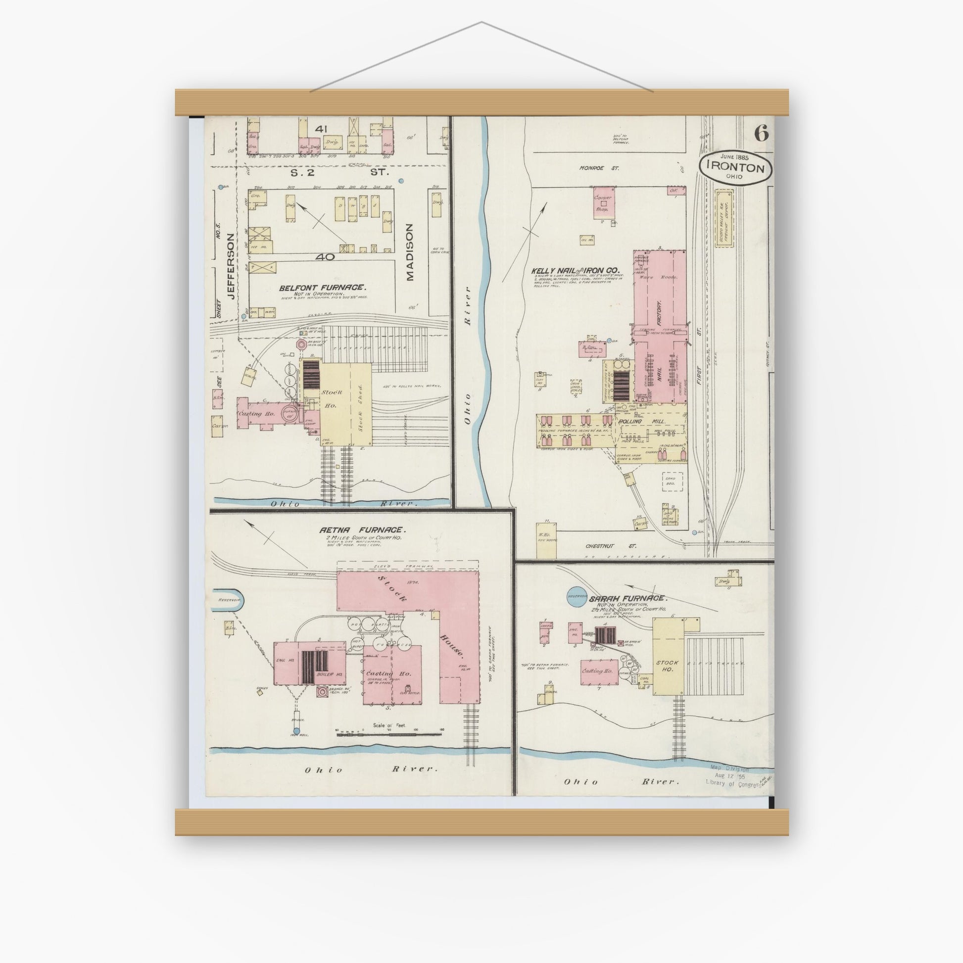 Old map wall art mockup — magnetic wood frame on white wall — Sanborn Fire Insurance Map from Ironton, Lawrence County, Ohio (1885), Sheet #0006