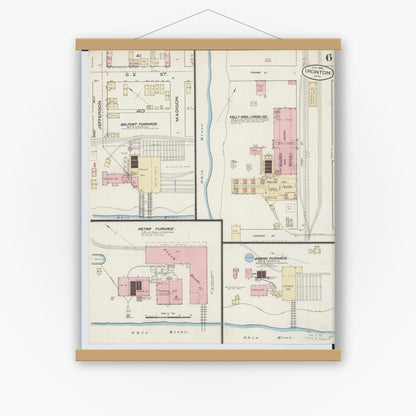 Old map wall art mockup — magnetic wood frame on white wall — Sanborn Fire Insurance Map from Ironton, Lawrence County, Ohio (1885), Sheet #0006
