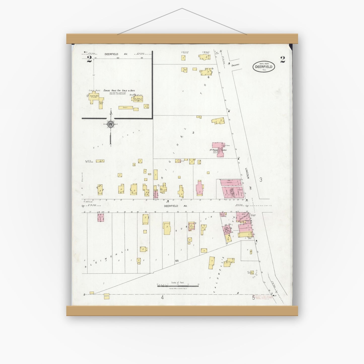 Old map wall art mockup — magnetic wood frame on white wall — Sanborn Fire Insurance Map from Deerfield, Lake County, Illinois (1929), Sheet #0002