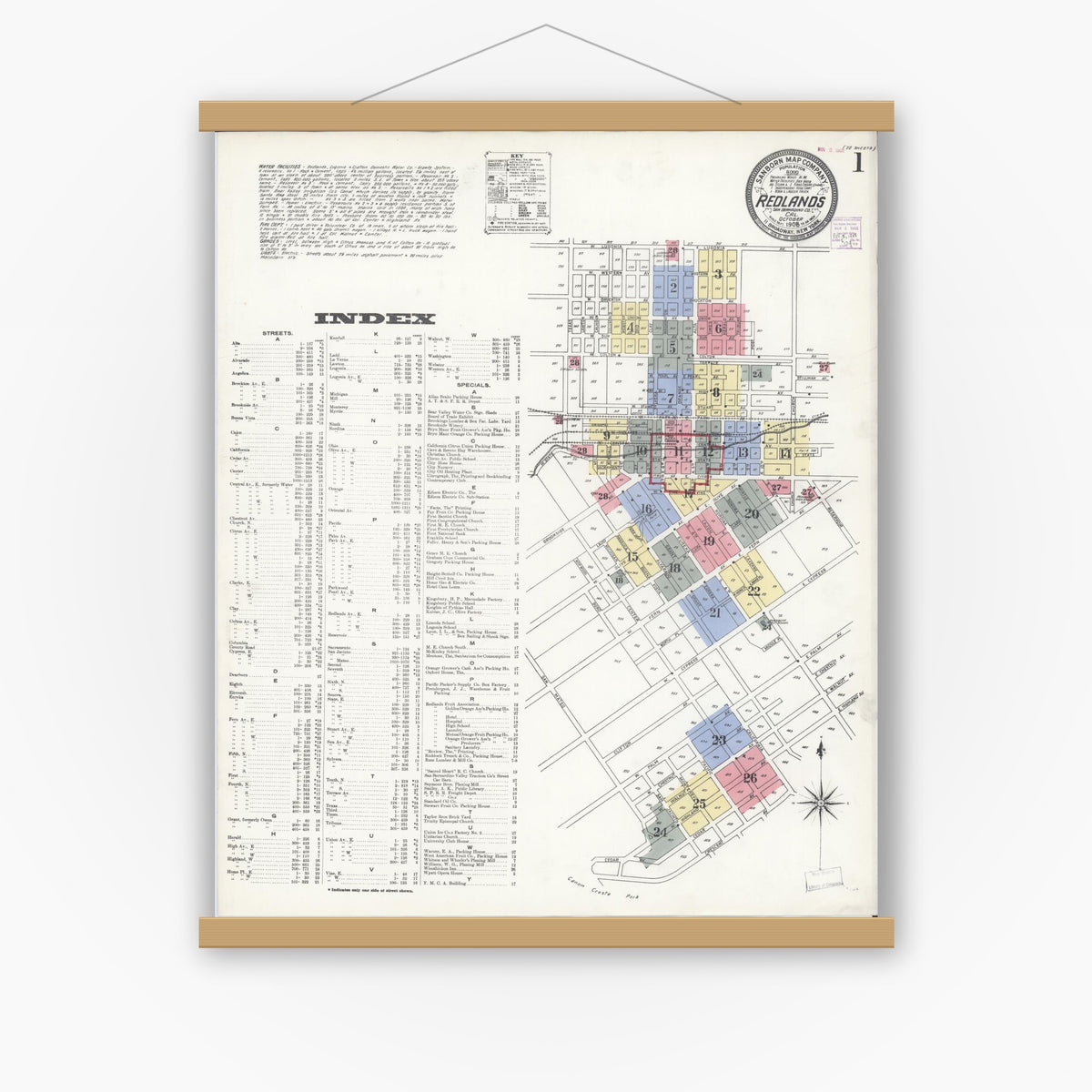 Old map wall art mockup — magnetic wood frame on white wall — Sanborn Fire Insurance Map from Redlands, San Bernardino County, California (1908) - Complete Map Set