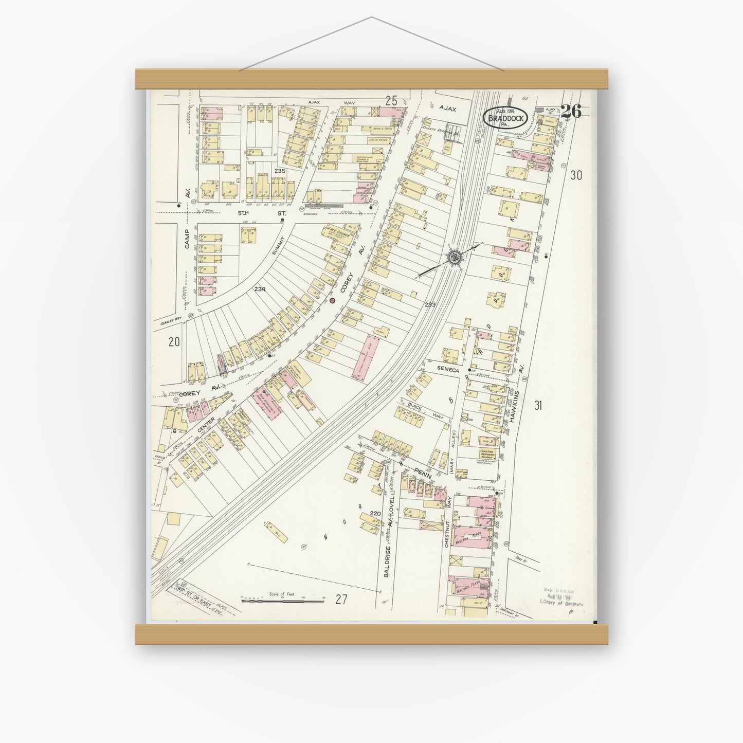 Old map wall art mockup — magnetic wood frame on white wall — Sanborn Fire Insurance Map from Braddock, Allegheny County, Pennsylvania (1914), Sheet #0026