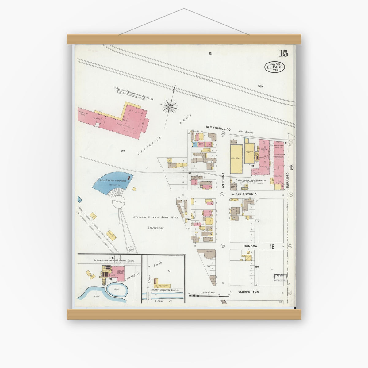 Old map wall art mockup — magnetic wood frame on white wall — Sanborn Fire Insurance Map from El Paso, El Paso County, Texas (1905), Sheet #0015