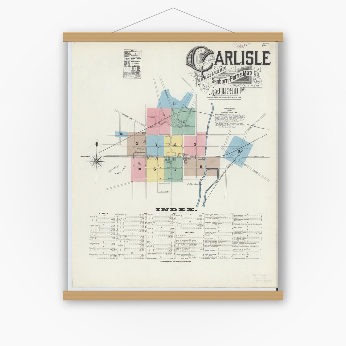 Old map wall art mockup — magnetic wood frame on white wall — Sanborn Fire Insurance Map from Carlisle, Cumberland County, Pennsylvania (1890) - Complete Map Set