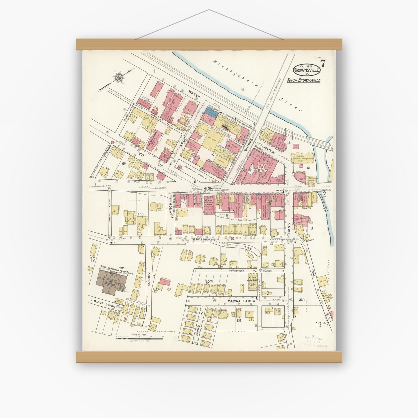 Old map wall art mockup — magnetic wood frame on white wall — Sanborn Fire Insurance Map from Brownsville, Fayette County, Pennsylvania (1921), Sheet #0007
