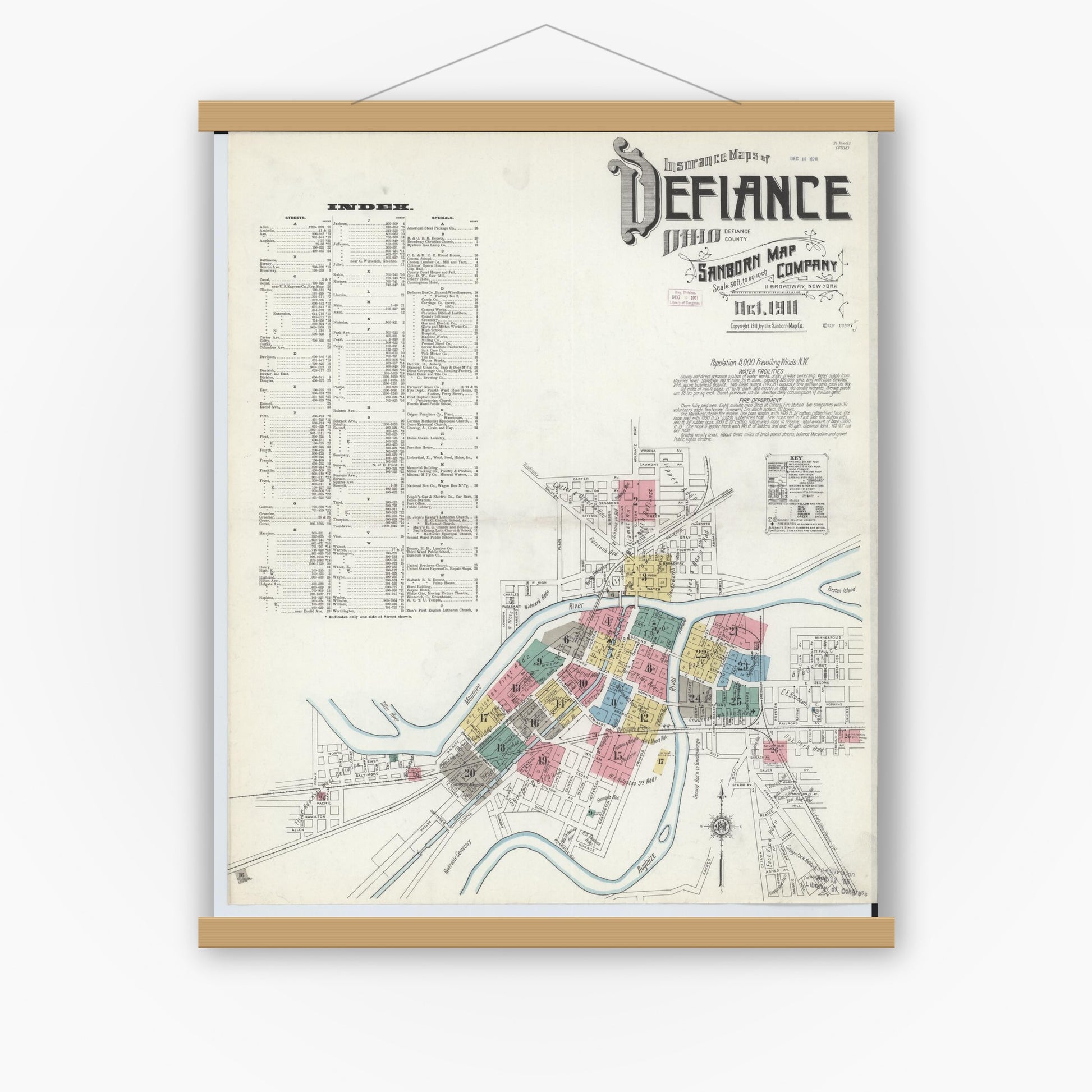 Old map wall art mockup — magnetic wood frame on white wall — Sanborn Fire Insurance Map from Defiance, Defiance County, Ohio (1911), Sheet #0001