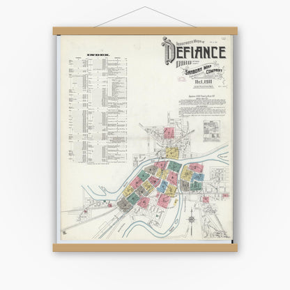 Old map wall art mockup — magnetic wood frame on white wall — Sanborn Fire Insurance Map from Defiance, Defiance County, Ohio (1911), Sheet #0001