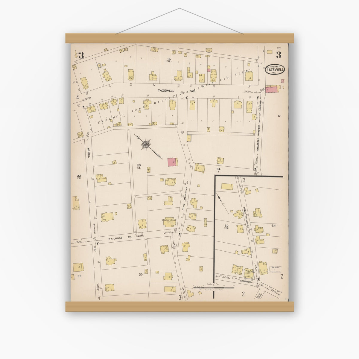 Old map wall art mockup — magnetic wood frame on white wall — Sanborn Fire Insurance Map from Tazewell, Tazewell County, Virginia (1923), Sheet #0003