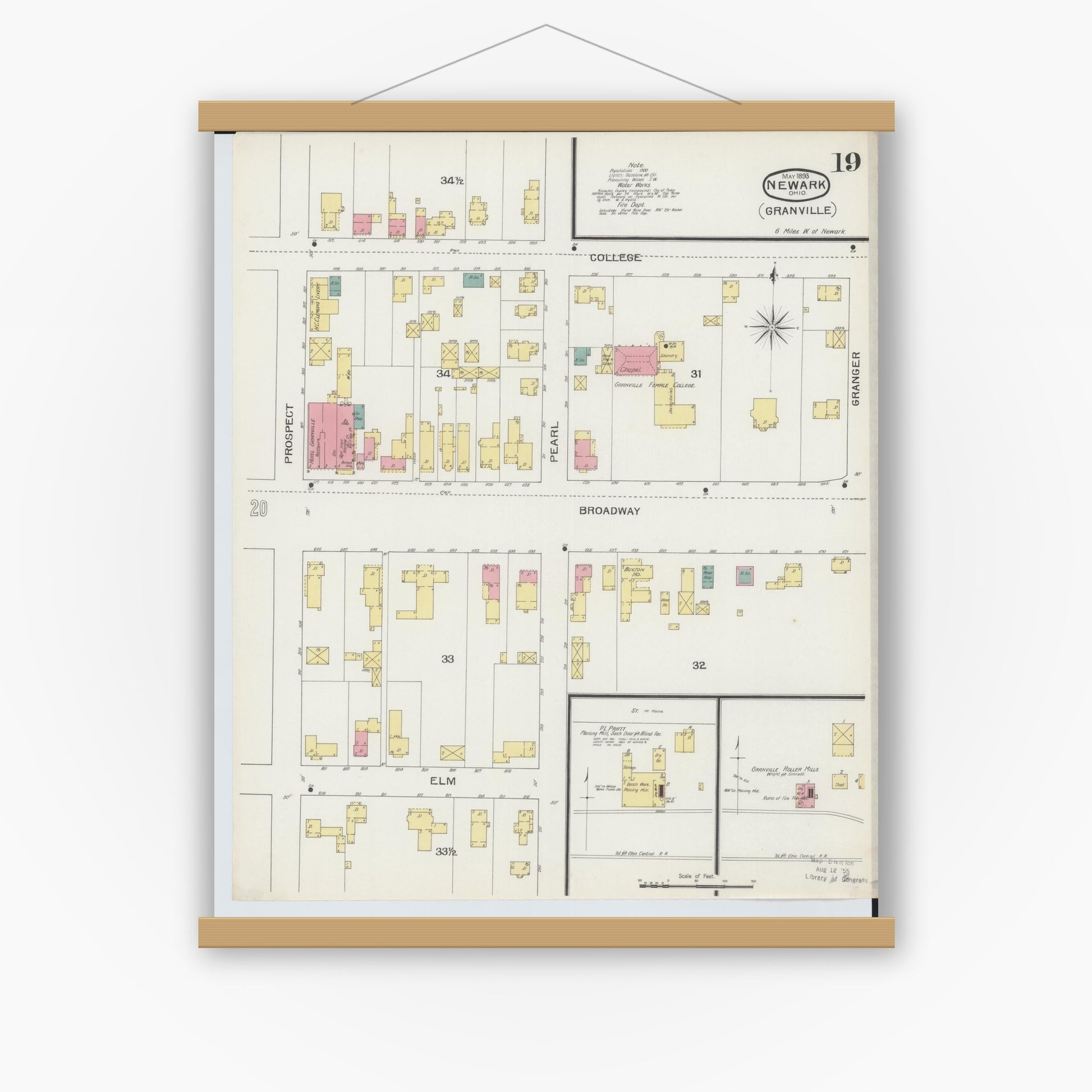Old map wall art mockup — magnetic wood frame on white wall — Sanborn Fire Insurance Map from Newark, Licking County, Ohio (1893), Sheet #0019