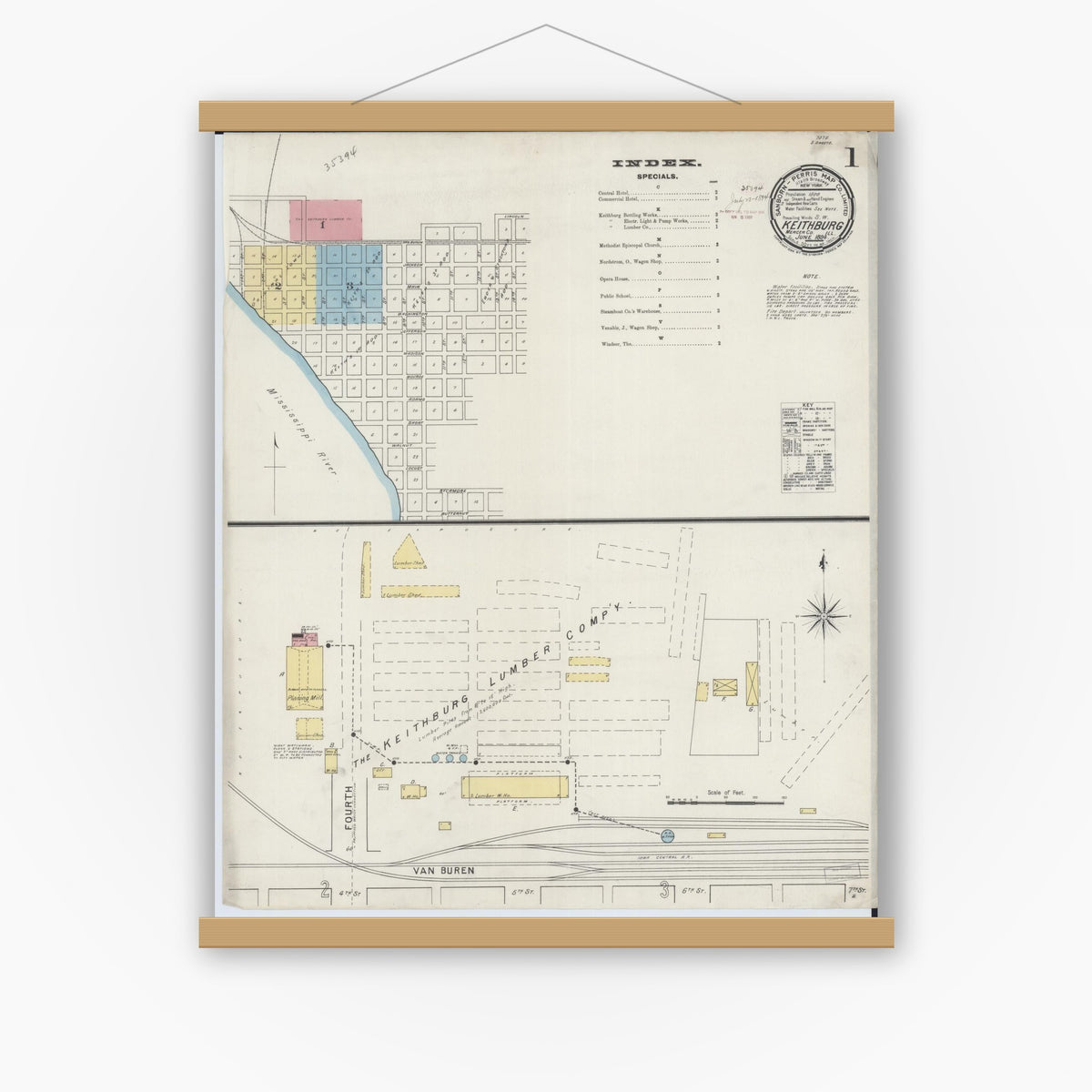 Old map wall art mockup — magnetic wood frame on white wall — Sanborn Fire Insurance Map from Keithsburg, Mercer County, Illinois (1894) - Complete Map Set