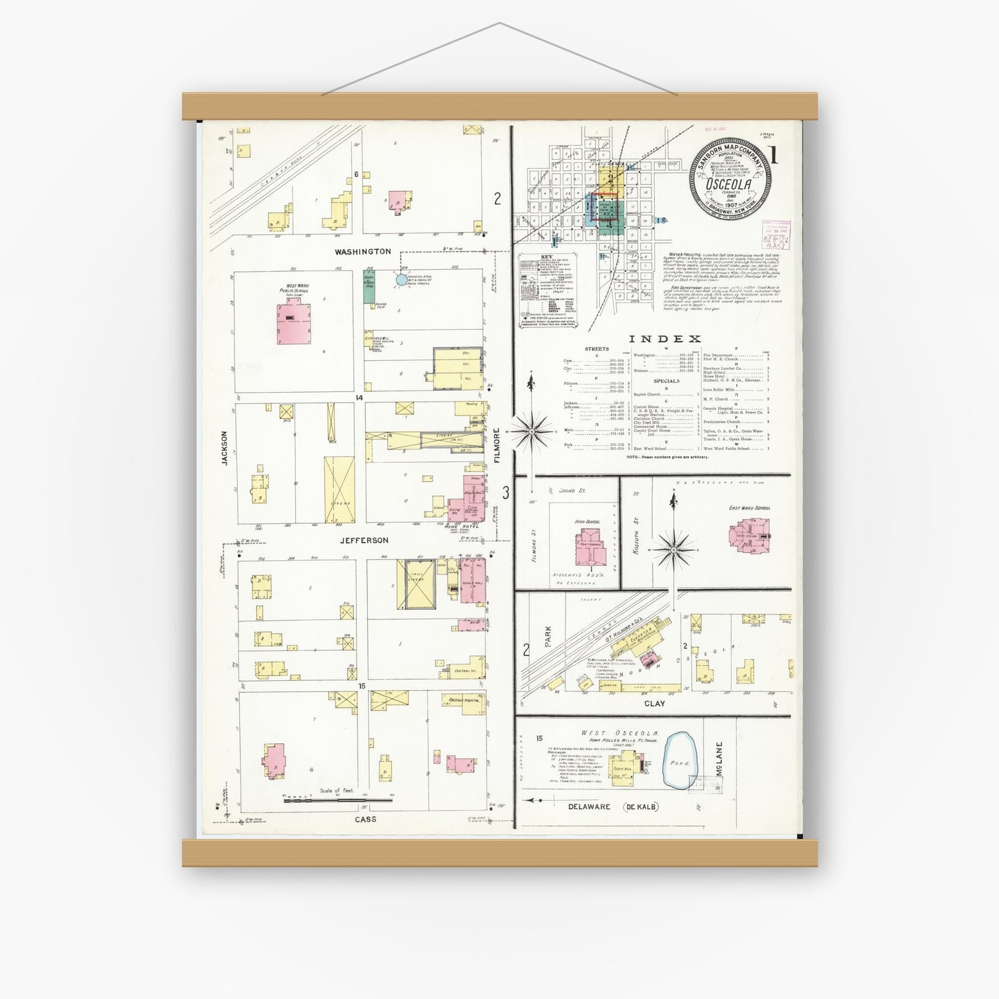 Old map wall art mockup — magnetic wood frame on white wall — Sanborn Fire Insurance Map from Osceola, Clarke County, Iowa (1907) â€” Complete Set