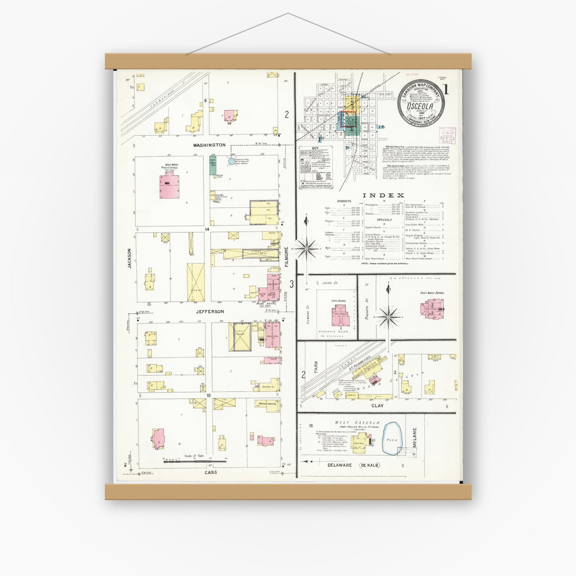 Old map wall art mockup — magnetic wood frame on white wall — Sanborn Fire Insurance Map from Osceola, Clarke County, Iowa (1907) â€” Complete Set