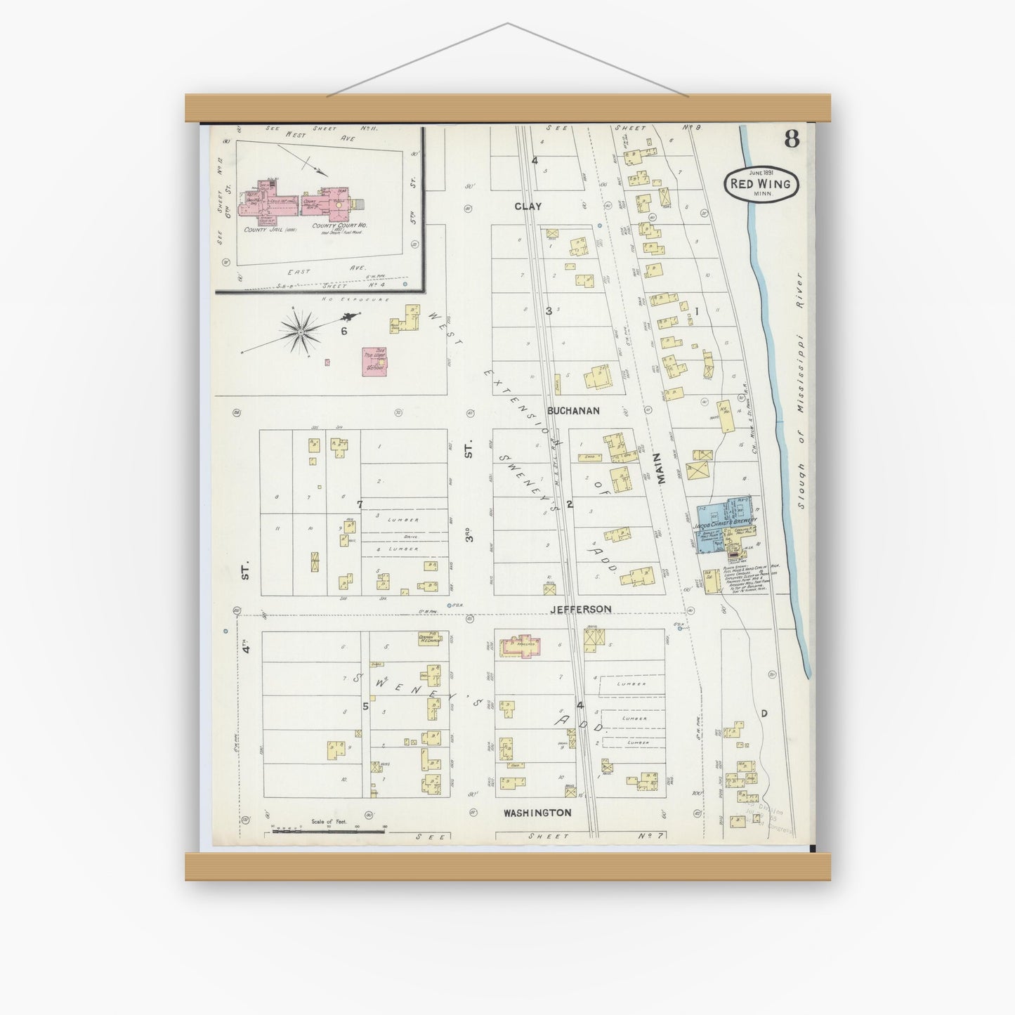 Old map wall art mockup — magnetic wood frame on white wall — Sanborn Fire Insurance Map from Red Wing, Goodhue County, Minnesota (1891), Sheet #0008