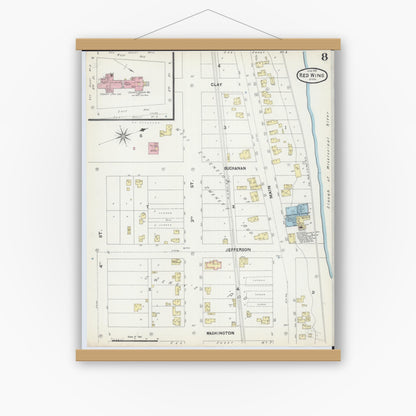 Old map wall art mockup — magnetic wood frame on white wall — Sanborn Fire Insurance Map from Red Wing, Goodhue County, Minnesota (1891), Sheet #0008