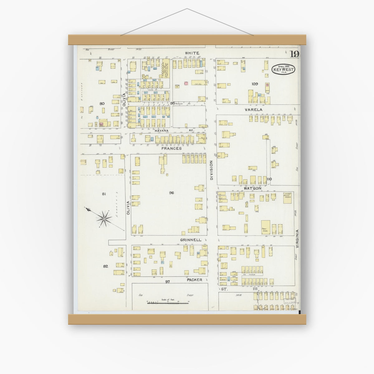 Old map wall art mockup — magnetic wood frame on white wall — Sanborn Fire Insurance Map from Key West, Monroe County, Florida (1892), Sheet #0019