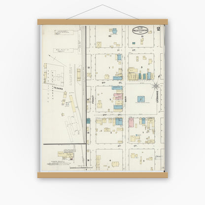 Old map wall art mockup — magnetic wood frame on white wall — Sanborn Fire Insurance Map from Hallettsville, Lavaca County, Texas (1891), Sheet #0002