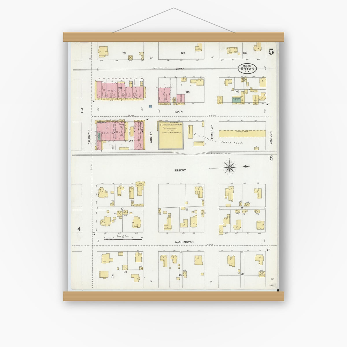 Old map wall art mockup — magnetic wood frame on white wall — Sanborn Fire Insurance Map from Bryan, Brazos County, Texas (1906), Sheet #0005