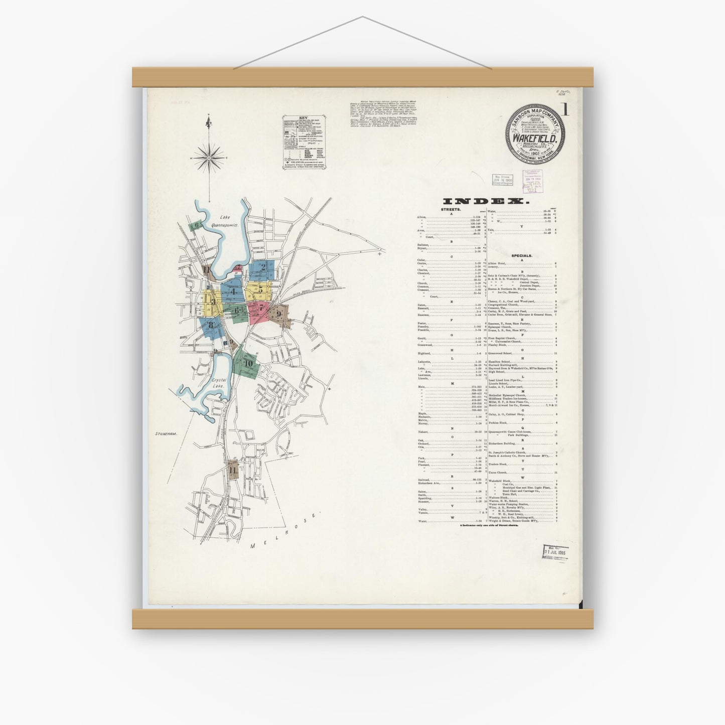 Old map wall art mockup — magnetic wood frame on white wall — Sanborn Fire Insurance Map from Wakefield, Middlesex County, Massachusetts (1903), Sheet #0001
