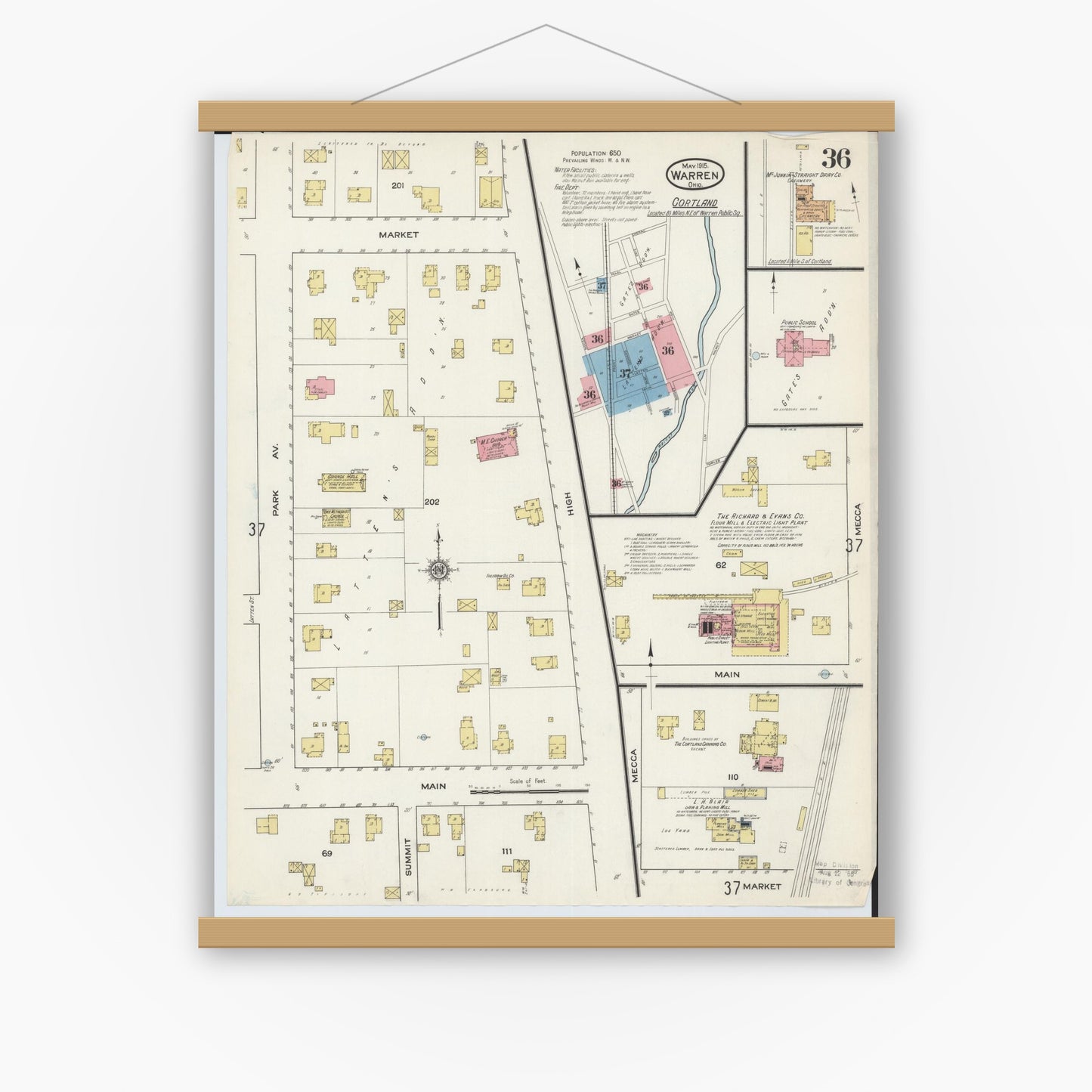 Old map wall art mockup — magnetic wood frame on white wall — Sanborn Fire Insurance Map from Warren, Trumbull County, Ohio (1915), Sheet #0036