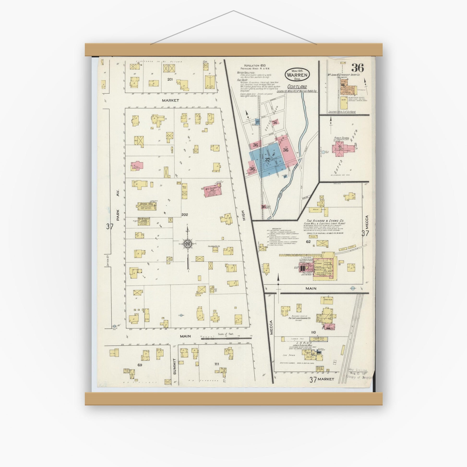 Old map wall art mockup — magnetic wood frame on white wall — Sanborn Fire Insurance Map from Warren, Trumbull County, Ohio (1915), Sheet #0036