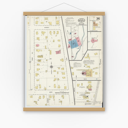 Old map wall art mockup — magnetic wood frame on white wall — Sanborn Fire Insurance Map from Warren, Trumbull County, Ohio (1915), Sheet #0036