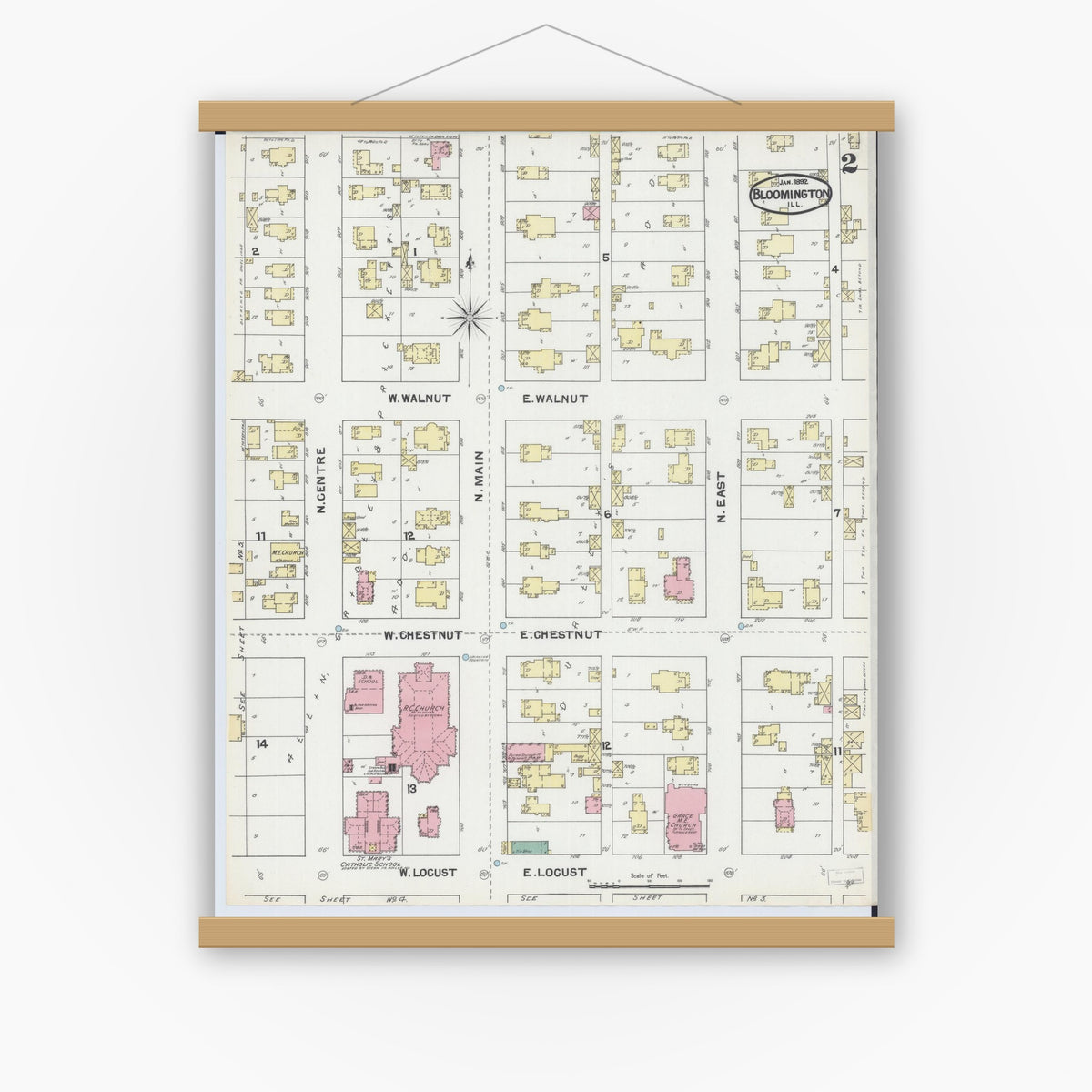 Old map wall art mockup — magnetic wood frame on white wall — Sanborn Fire Insurance Map from Bloomington, McLean County, Illinois (1892), Sheet #0002