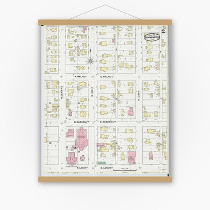 Old map wall art mockup — magnetic wood frame on white wall — Sanborn Fire Insurance Map from Bloomington, McLean County, Illinois (1892), Sheet #0002