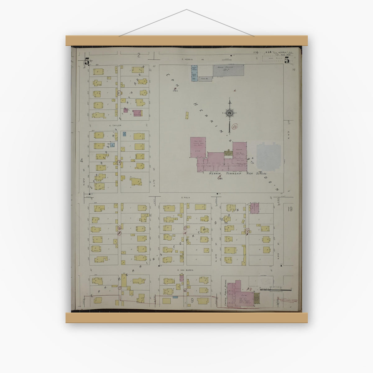 Old map wall art mockup — magnetic wood frame on white wall — Sanborn Fire Insurance Map from Herrin, Williamson County, Illinois (1947), Sheet #0005