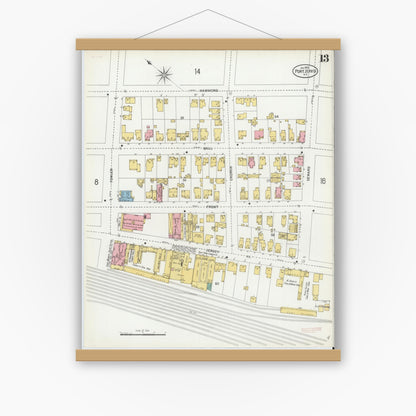 Old map wall art mockup — magnetic wood frame on white wall — Sanborn Fire Insurance Map from Port Jervis, Orange County, New York (1900), Sheet #0013