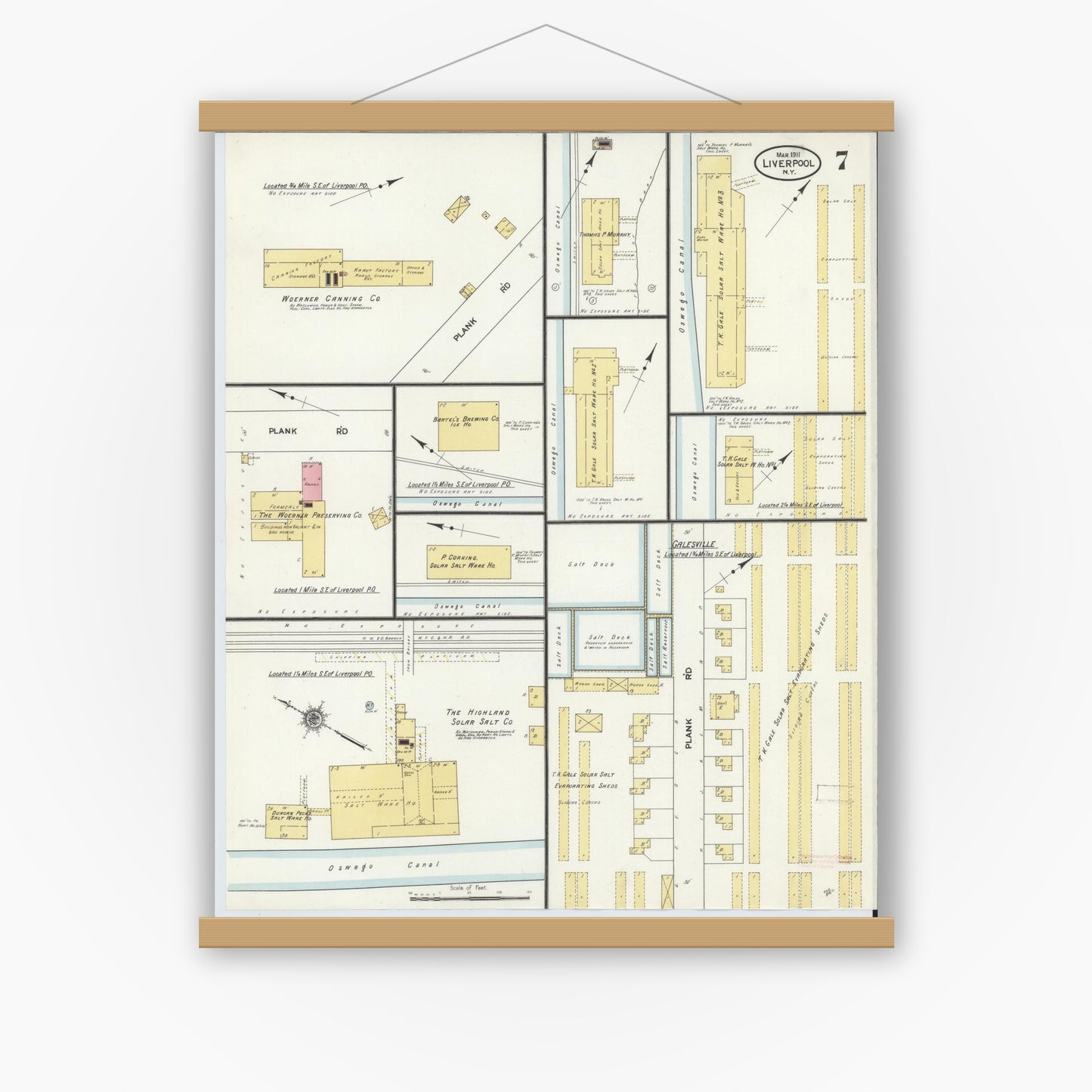 Old map wall art mockup — magnetic wood frame on white wall — Sanborn Fire Insurance Map from Liverpool, Onondaga County, New York (1911), Sheet #0007