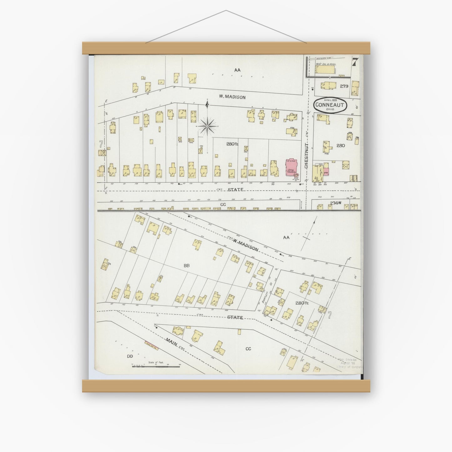 Old map wall art mockup — magnetic wood frame on white wall — Sanborn Fire Insurance Map from Conneaut, Ashtabula County, Ohio (1893), Sheet #0007