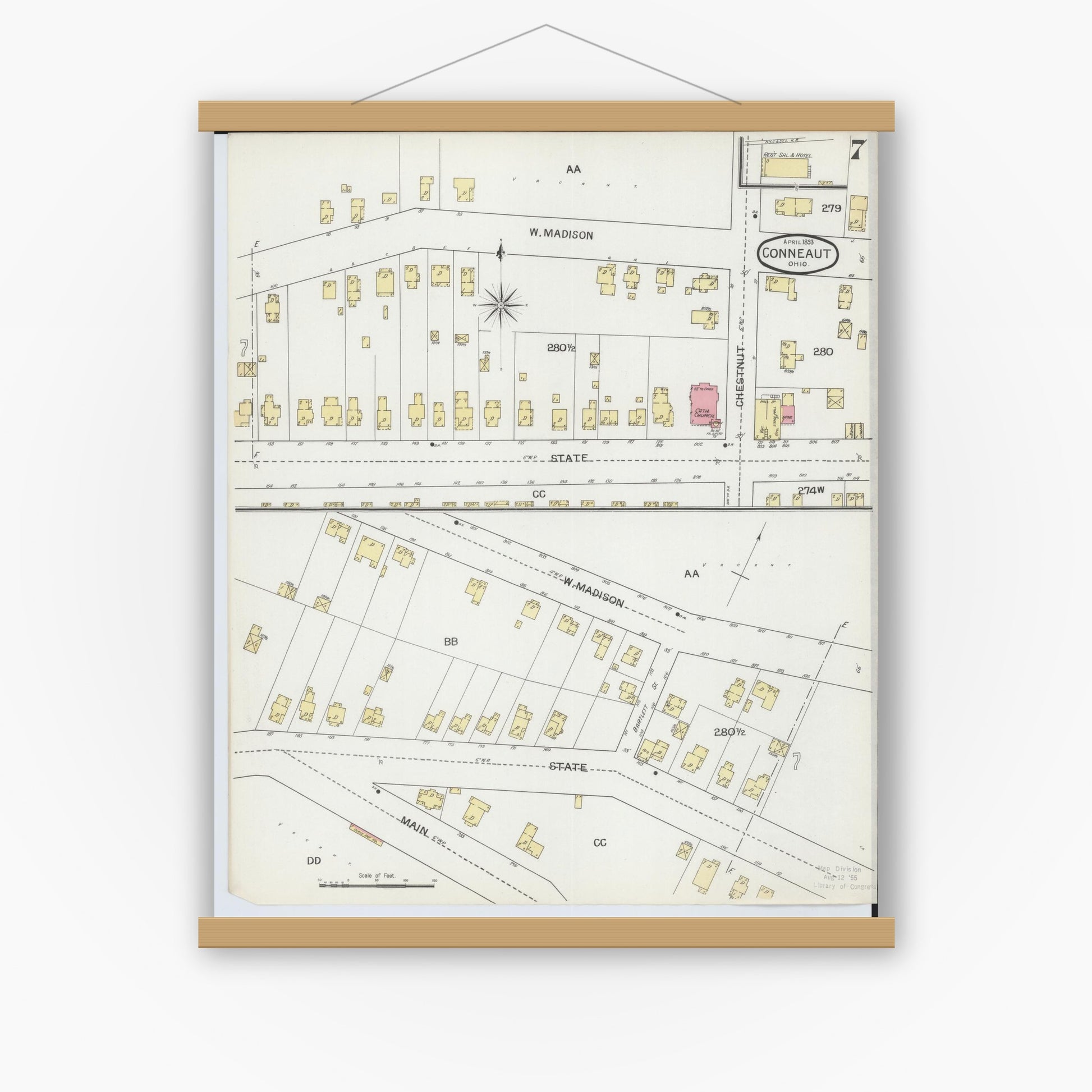 Old map wall art mockup — magnetic wood frame on white wall — Sanborn Fire Insurance Map from Conneaut, Ashtabula County, Ohio (1893), Sheet #0007