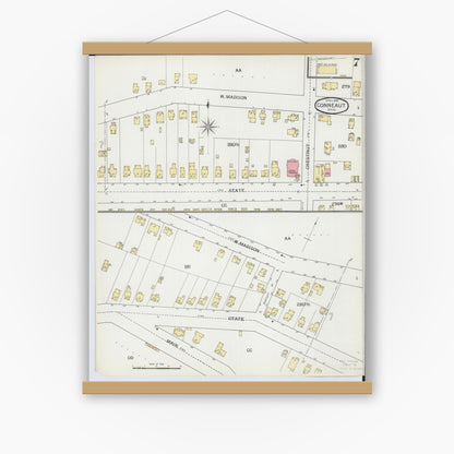 Old map wall art mockup — magnetic wood frame on white wall — Sanborn Fire Insurance Map from Conneaut, Ashtabula County, Ohio (1893), Sheet #0007