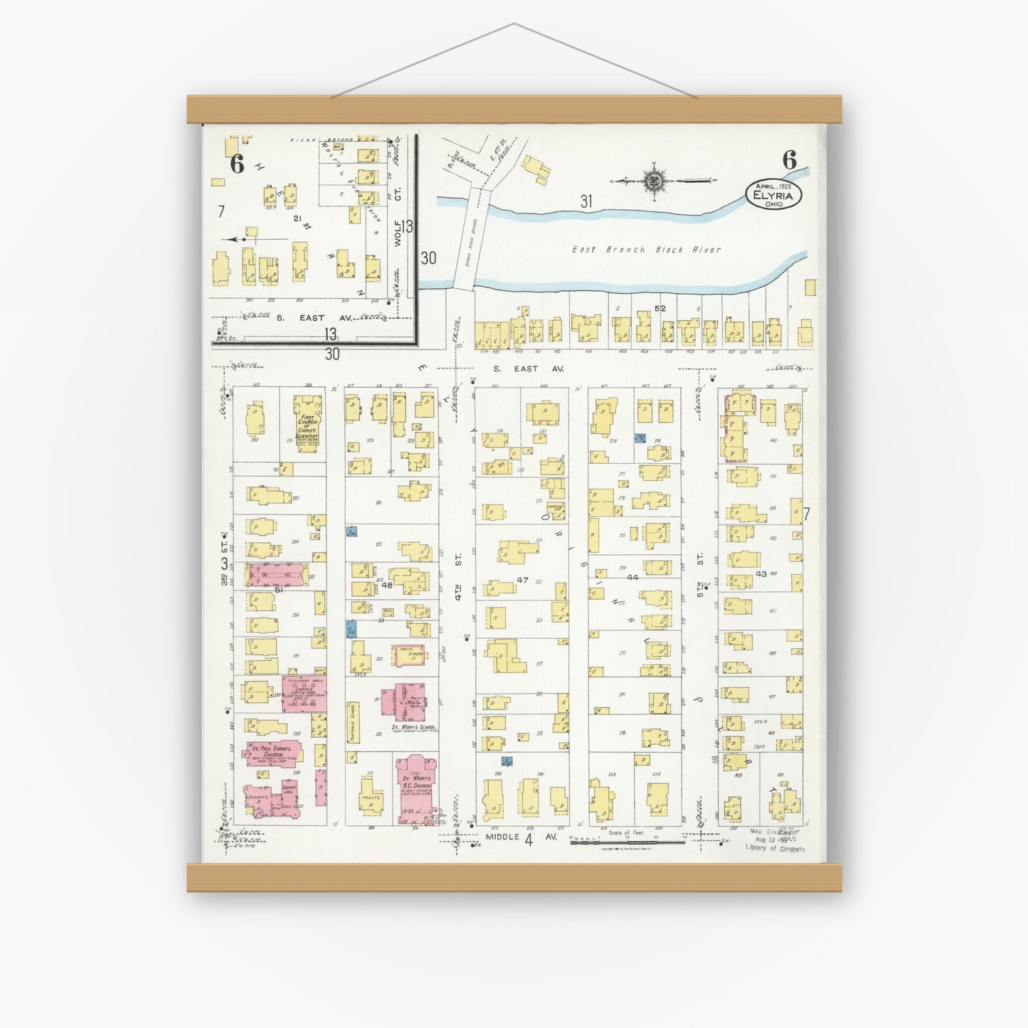 Old map wall art mockup — magnetic wood frame on white wall — Sanborn Fire Insurance Map from Elyria, Lorain County, Ohio (1925), Sheet #0006