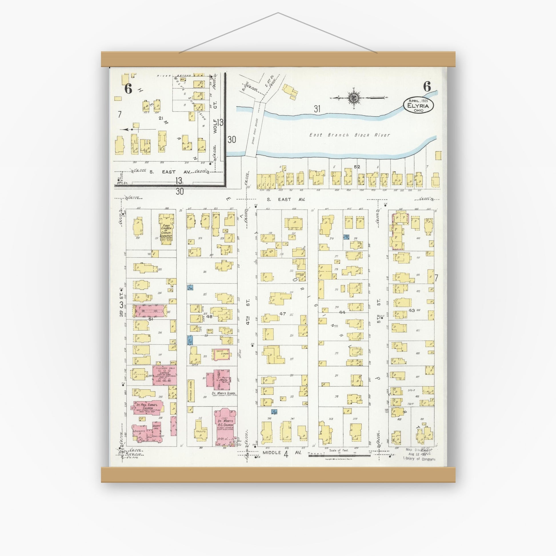 Old map wall art mockup — magnetic wood frame on white wall — Sanborn Fire Insurance Map from Elyria, Lorain County, Ohio (1925), Sheet #0006
