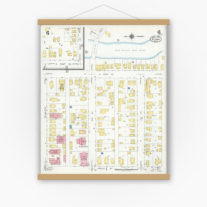 Old map wall art mockup — magnetic wood frame on white wall — Sanborn Fire Insurance Map from Elyria, Lorain County, Ohio (1925), Sheet #0006