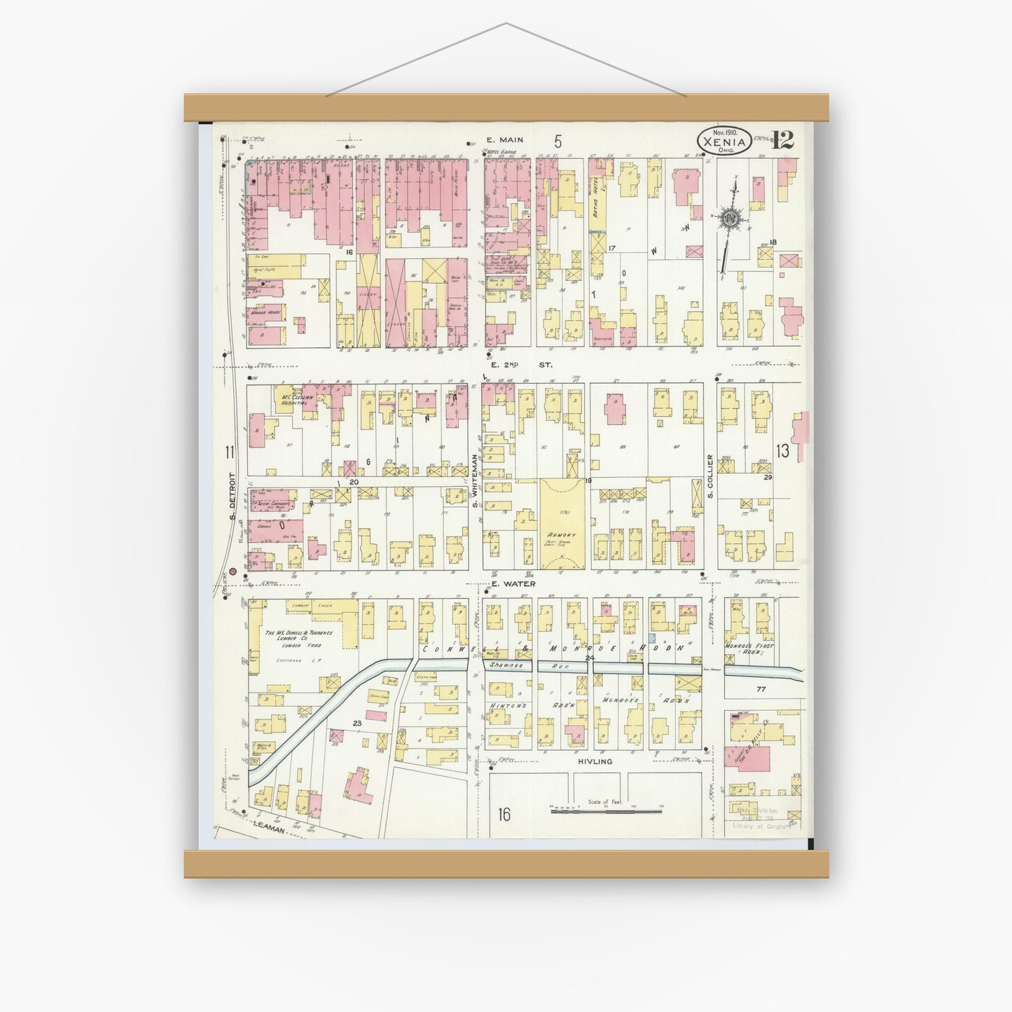 Old map wall art mockup — magnetic wood frame on white wall — Sanborn Fire Insurance Map from Xenia, Greene County, Ohio (1910), Sheet #0012
