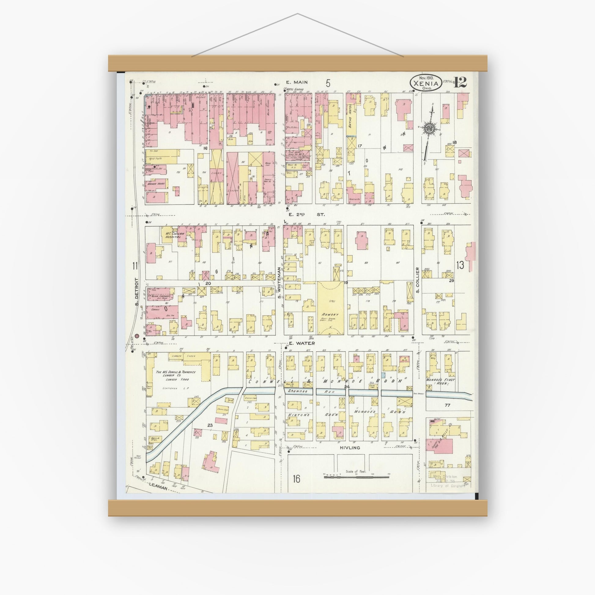Old map wall art mockup — magnetic wood frame on white wall — Sanborn Fire Insurance Map from Xenia, Greene County, Ohio (1910), Sheet #0012