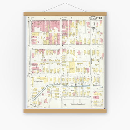 Old map wall art mockup — magnetic wood frame on white wall — Sanborn Fire Insurance Map from Xenia, Greene County, Ohio (1910), Sheet #0012
