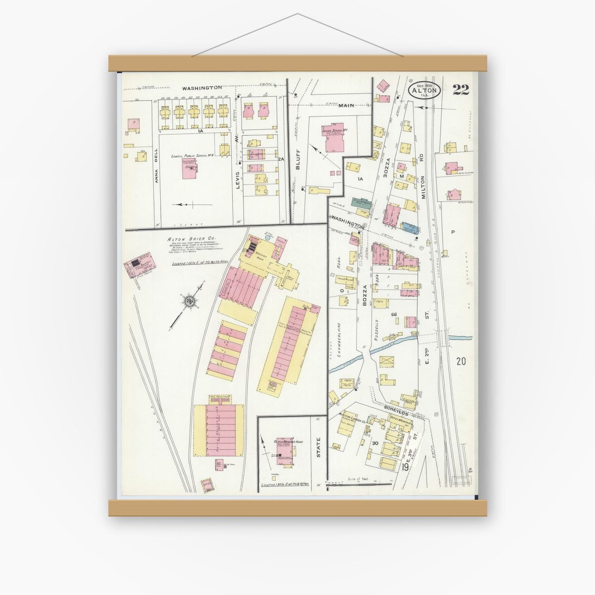 Old map wall art mockup — magnetic wood frame on white wall — Sanborn Fire Insurance Map from Alton, Madison County, Illinois (1909), Sheet #0022