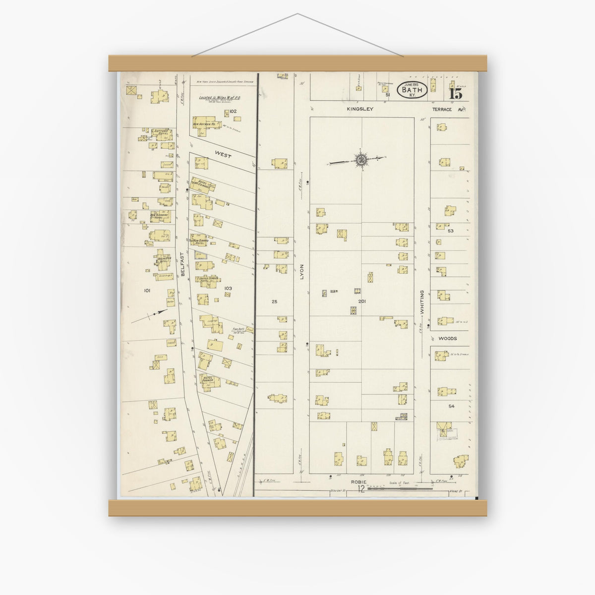 Old map wall art mockup — magnetic wood frame on white wall — Sanborn Fire Insurance Map from Bath, Steuben County, New York (1915), Sheet #0015