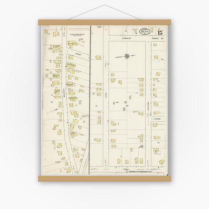 Old map wall art mockup — magnetic wood frame on white wall — Sanborn Fire Insurance Map from Bath, Steuben County, New York (1915), Sheet #0015