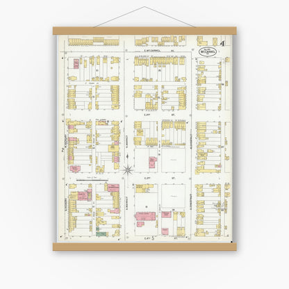 Old map wall art mockup — magnetic wood frame on white wall — Sanborn Fire Insurance Map from Mount Carmel, Northumberland County, Pennsylvania (1901), Sheet #0004