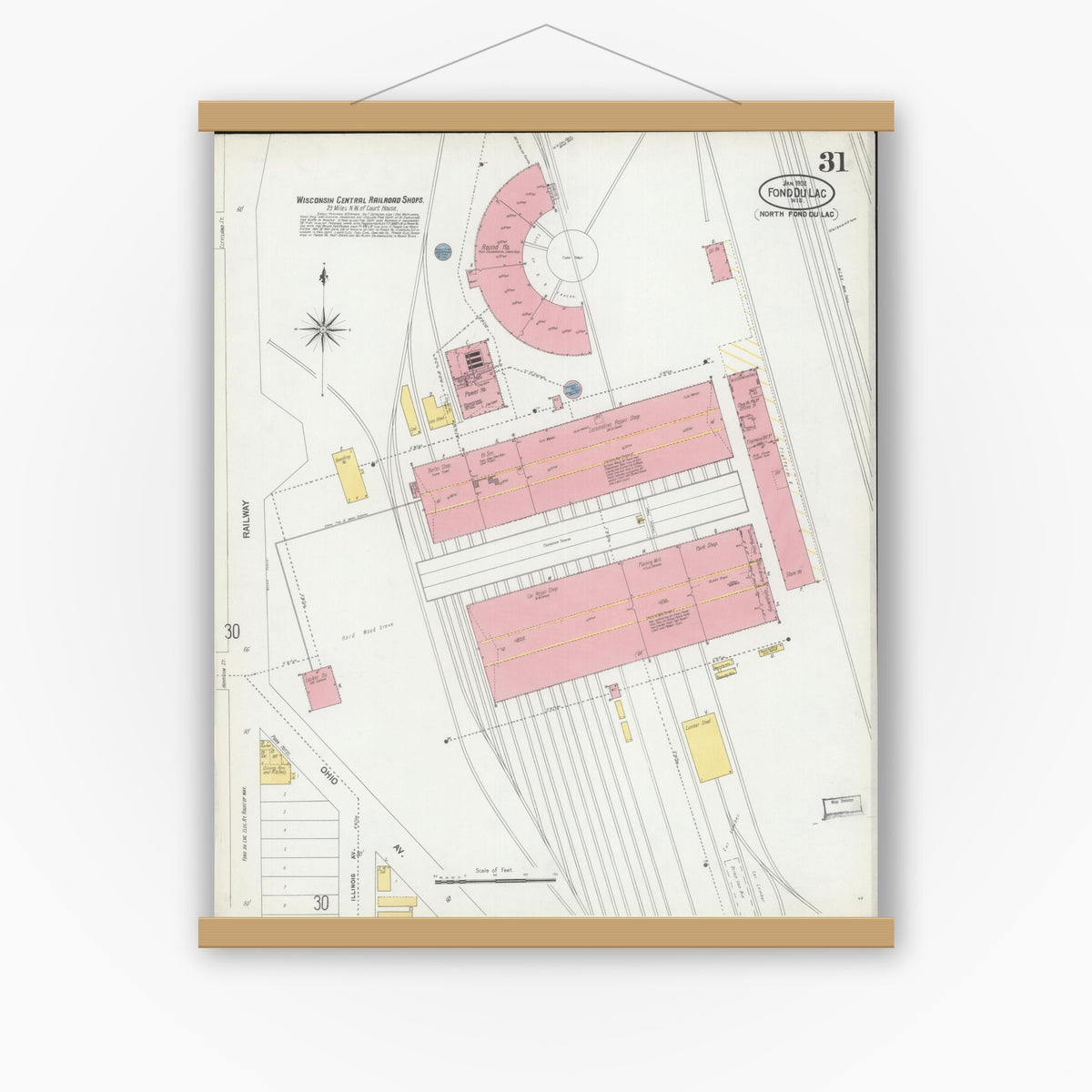 Old map wall art mockup — magnetic wood frame on white wall — Sanborn Fire Insurance Map from Fond du Lac, Fond du Lac County, Wisconsin (1902), Sheet #0031