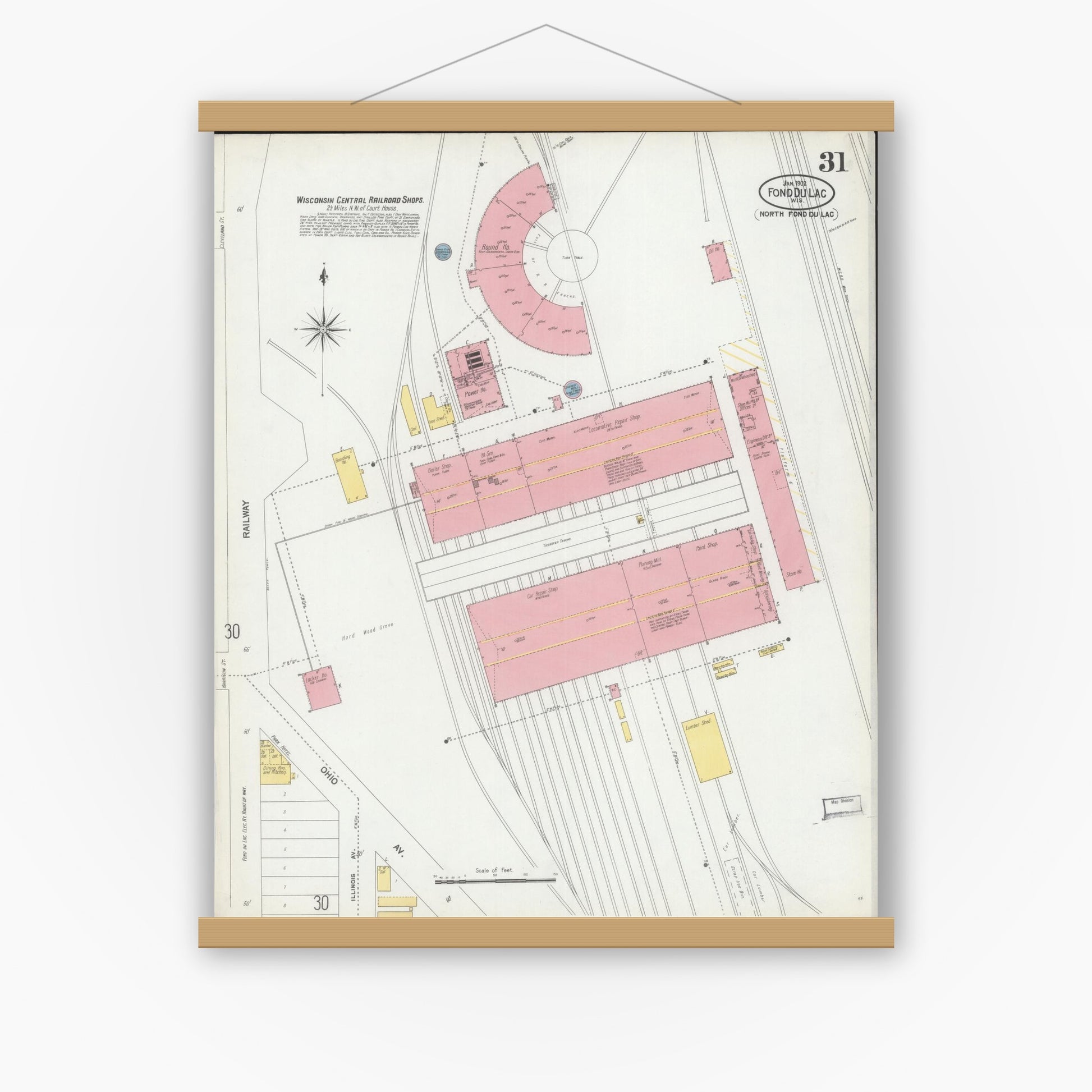 Old map wall art mockup — magnetic wood frame on white wall — Sanborn Fire Insurance Map from Fond du Lac, Fond du Lac County, Wisconsin (1902), Sheet #0031