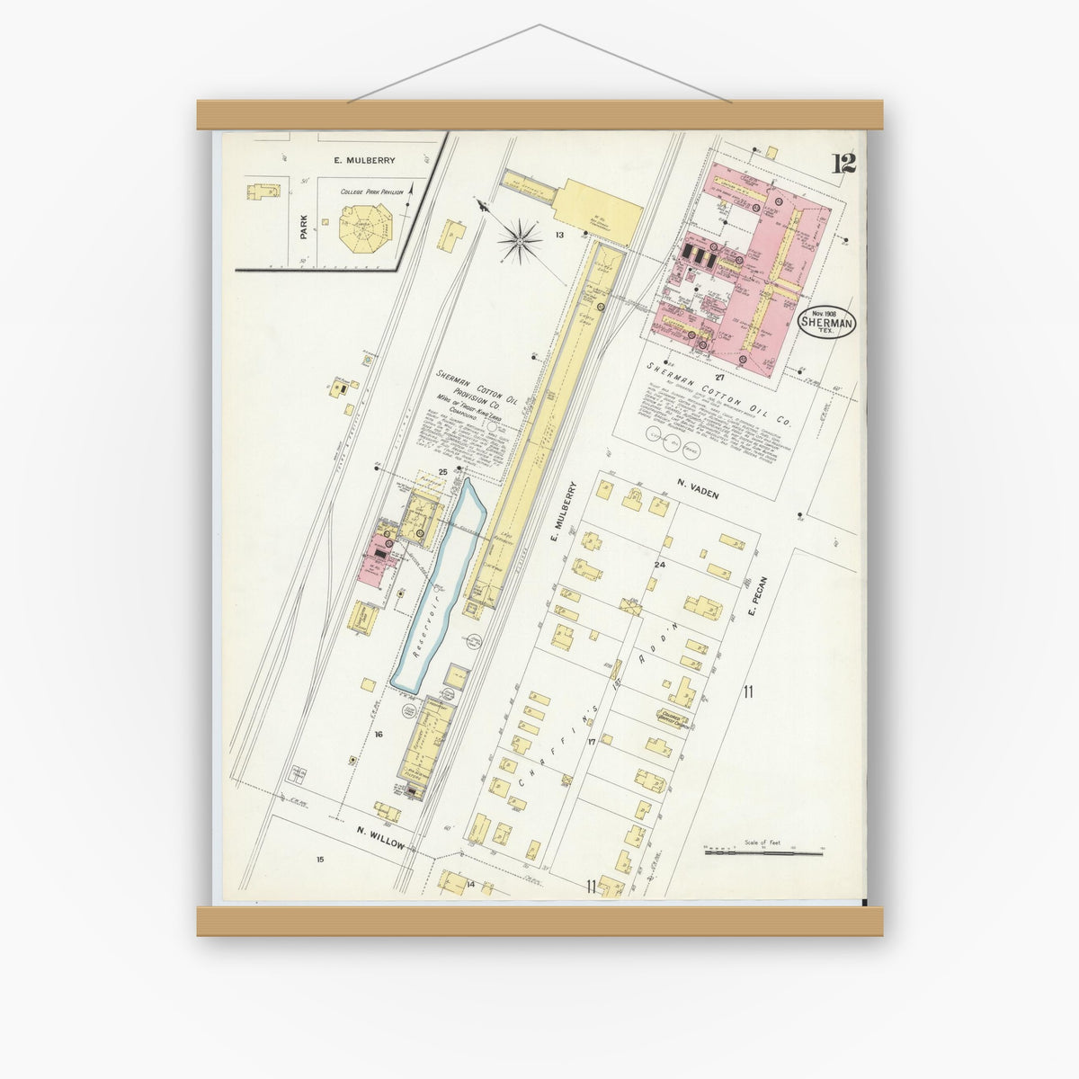 Old map wall art mockup — magnetic wood frame on white wall — Sanborn Fire Insurance Map from Sherman, Grayson County, Texas (1908), Sheet #0012