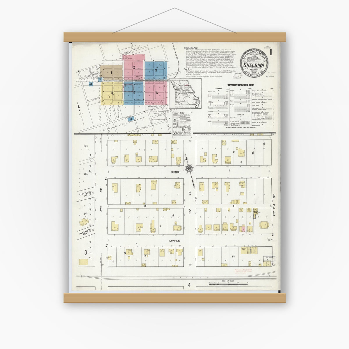 Old map wall art mockup — magnetic wood frame on white wall — Sanborn Fire Insurance Map from Shelbina, Shelby County, Missouri (1916) - Complete Map Set