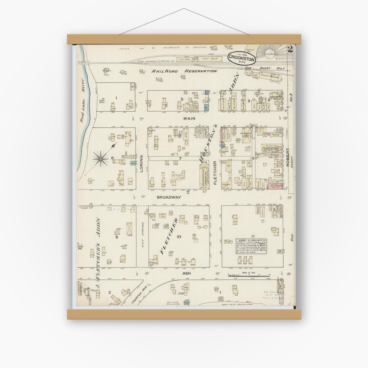 Old map wall art mockup — magnetic wood frame on white wall — Sanborn Fire Insurance Map from Crookston, Polk County, Minnesota (1884), Sheet #0002