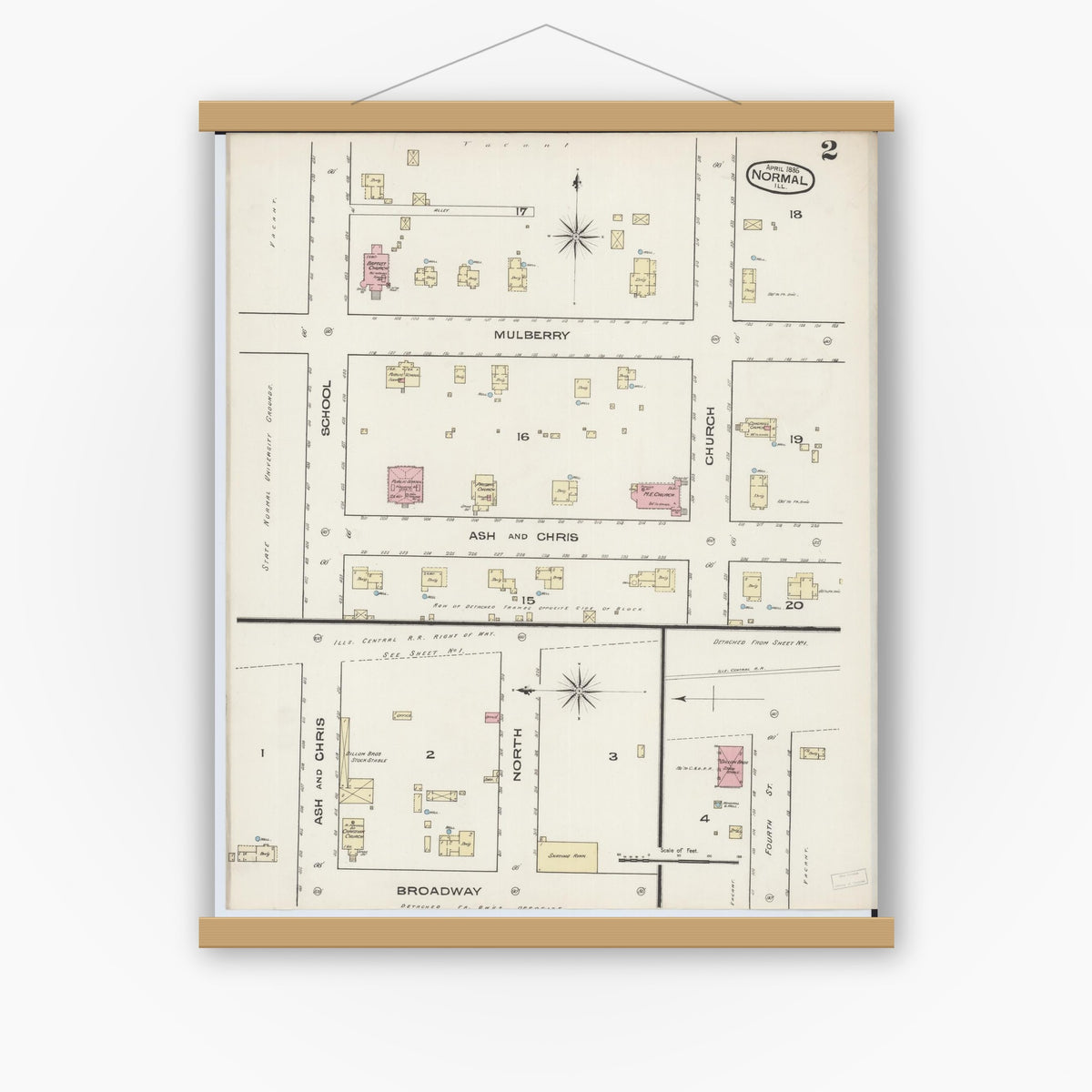Old map wall art mockup — magnetic wood frame on white wall — Sanborn Fire Insurance Map from Normal, McLean County, Illinois (1885), Sheet #0002