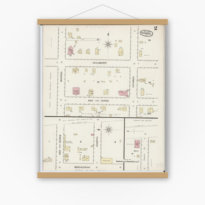 Old map wall art mockup — magnetic wood frame on white wall — Sanborn Fire Insurance Map from Normal, McLean County, Illinois (1885), Sheet #0002