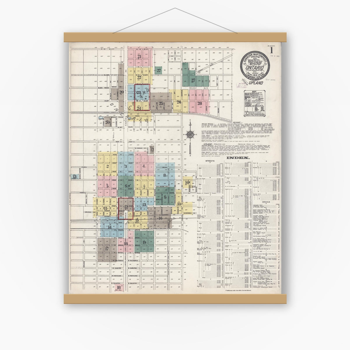 Old map wall art mockup — magnetic wood frame on white wall — Sanborn Fire Insurance Map from Ontario, San Bernardino County, California (1912) - Complete Map Set